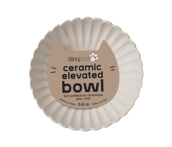 Dexypaws Raised Ceramic Cat Bowl 8.45 Oz - White With Black Flower Design