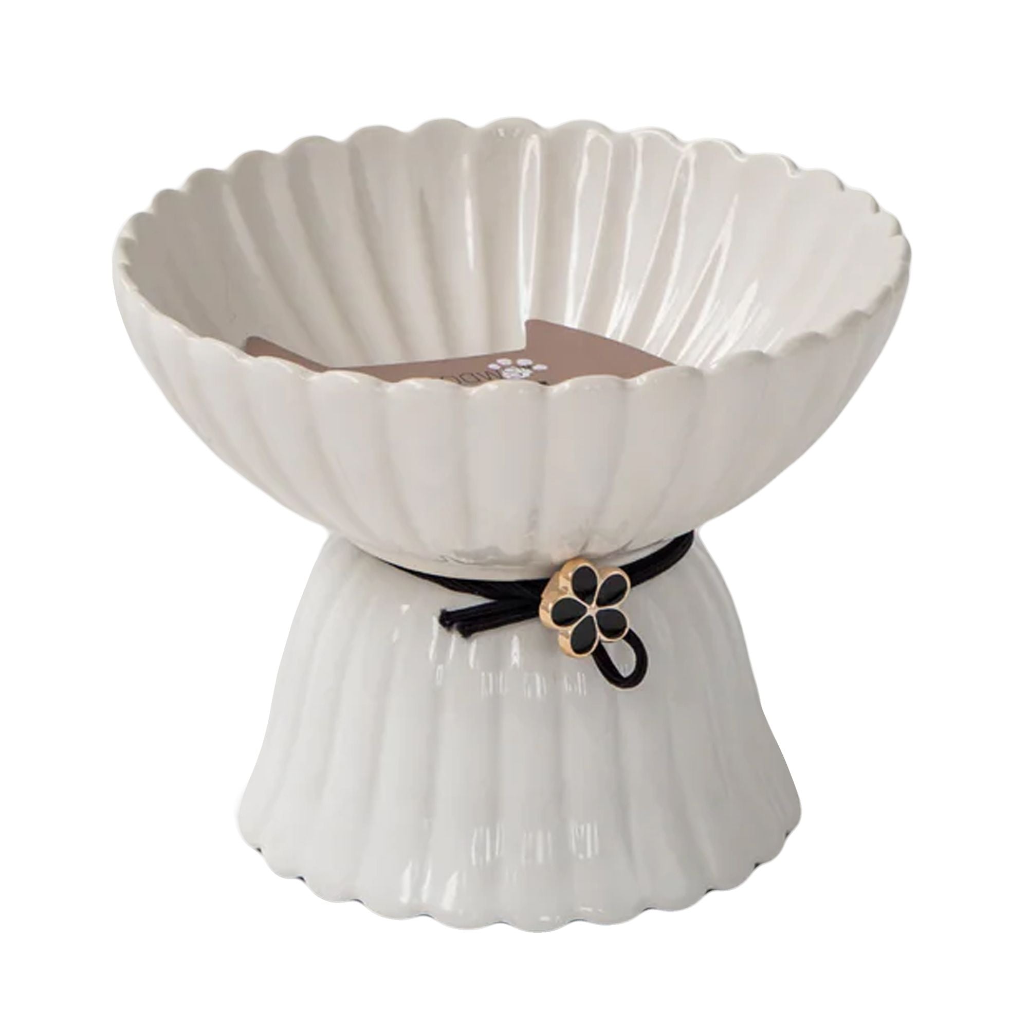Dexypaws Raised Ceramic Cat Bowl 8.45 Oz - White With Black Flower Design