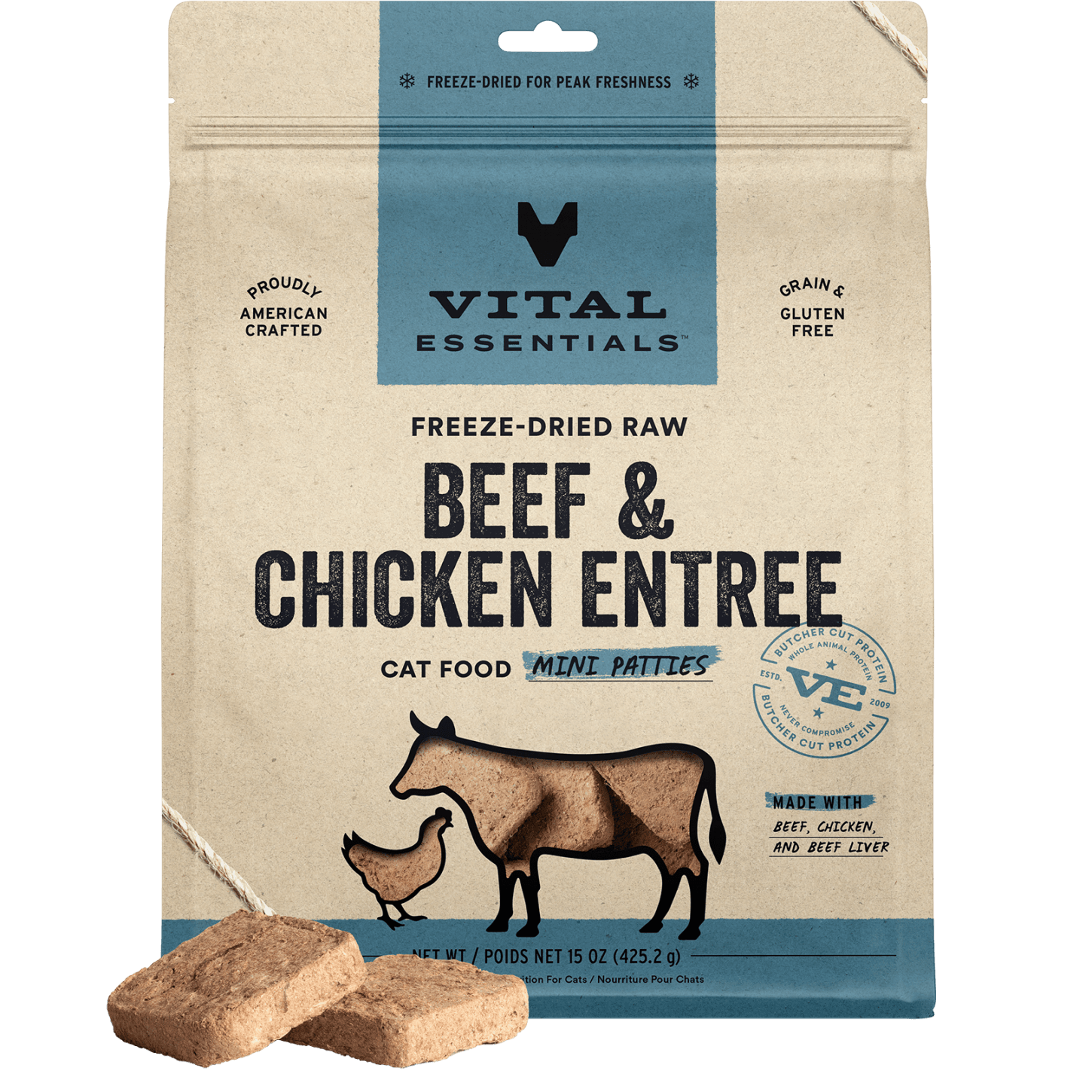 VE Freeze-Dried Raw Beef & Chicken Mini Patties Cat Food 15 oz