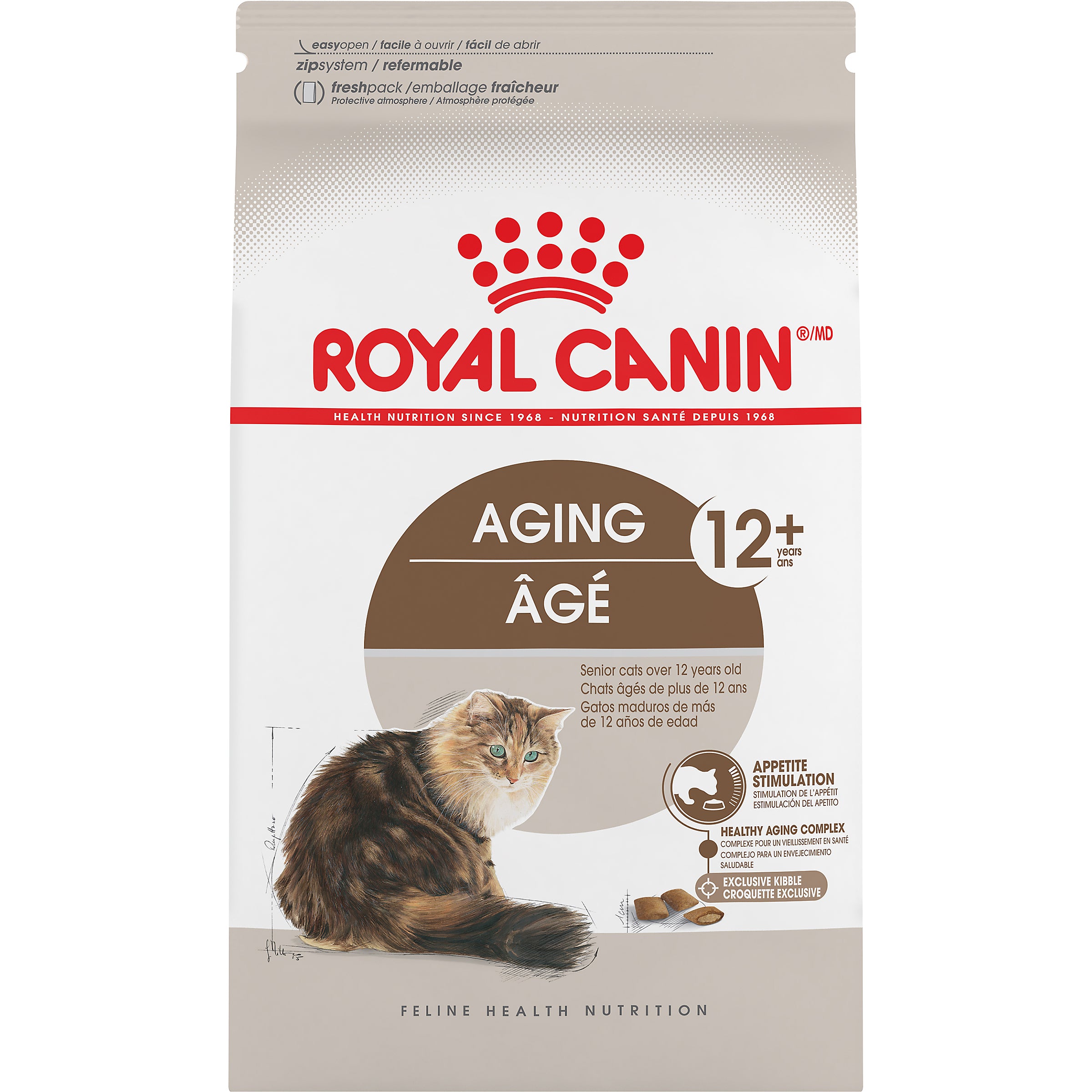 AGING 12+ is for cats over 12 years of age with sensitive teeth and gums and fussy appetites.