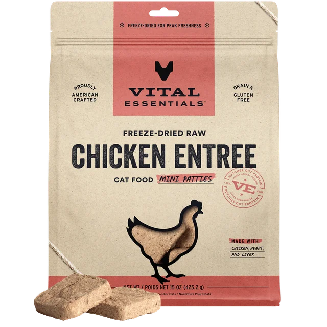 Vital Essentials Freeze-Dried Raw Chicken Entree Cat Food Mini Patties 8 oz