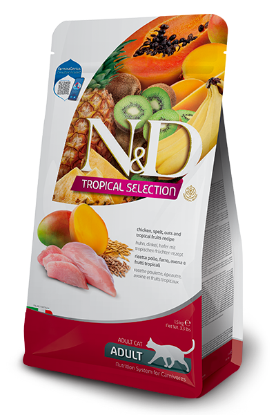 Farmina Natural & Delicious Tropical Dry Food For Adult Cats - Chicken, Spelt, Oats & Tropical Fruits 5 kg / 11 lb