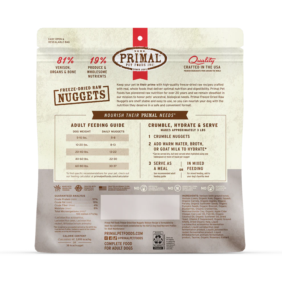 Prima Freeze-Dried Raw Nuggets Venison Recipe Dog Food 14oz