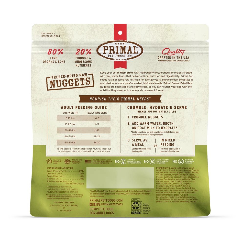 Prima Freeze-Dried Raw Nuggets Lamb Recipe Dog Food 30oz