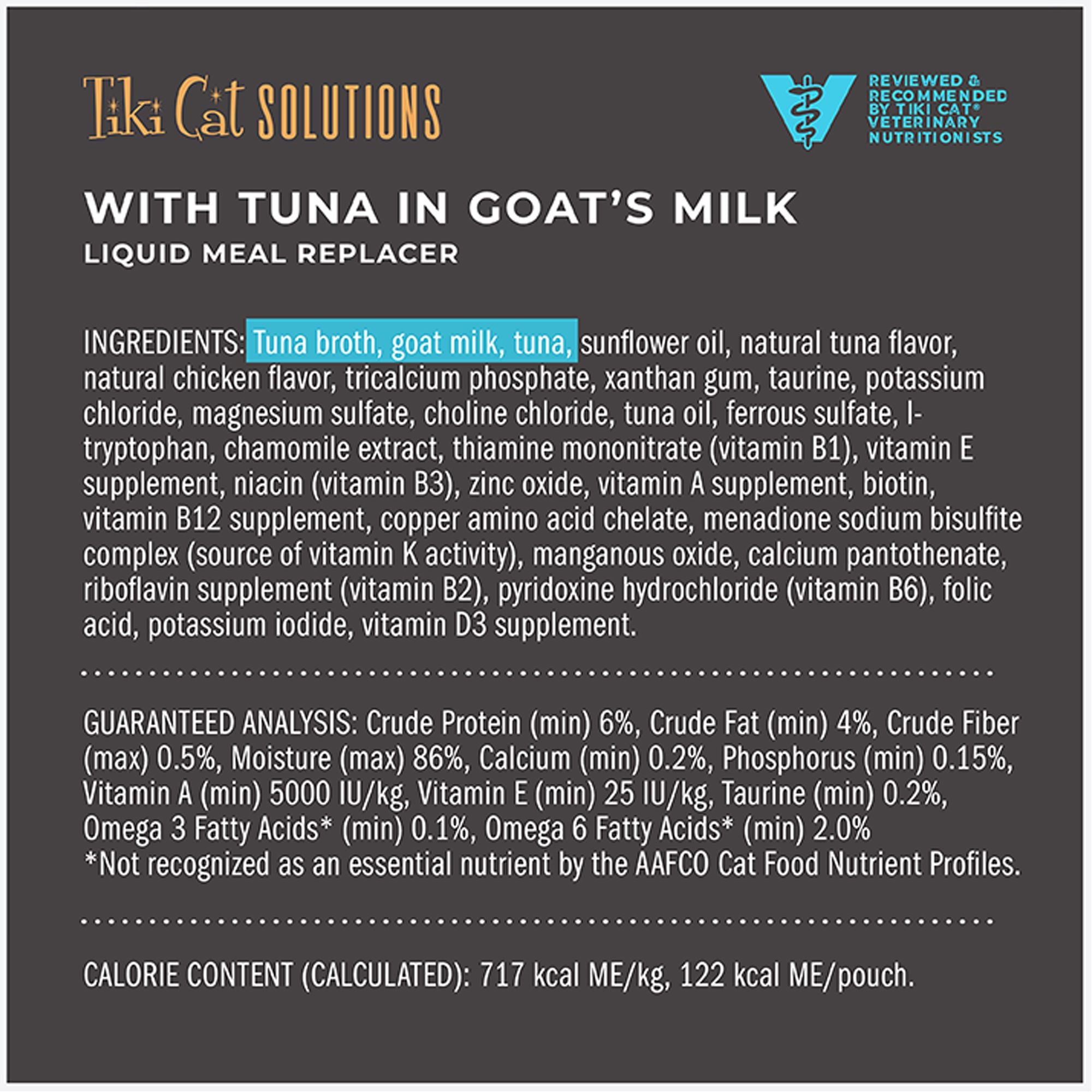 Tiki Cat Solutions Liquid Meal Replacer, Tuna in Goat's Milk Wet Cat Food 6oz