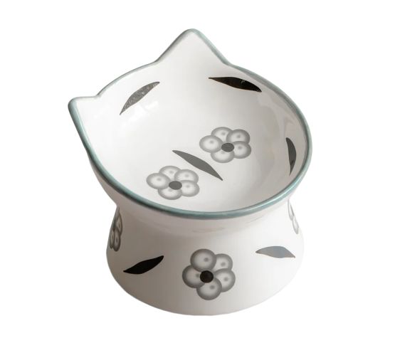 Dexypaws Raised Ceramic Cat Bowl 7oz - White With Black Flower Print