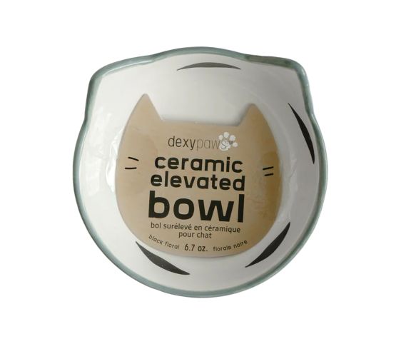 Dexypaws Raised Ceramic Cat Bowl 7oz - White With Black Flower Print