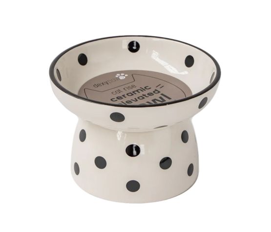 Dexypaws Raised Ceramic Cat Bowl 8.7oz - White With Black Polka Dot Print