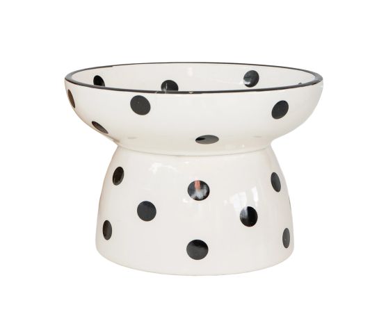 Dexypaws Raised Ceramic Cat Bowl 8.7oz - White With Black Polka Dot Print