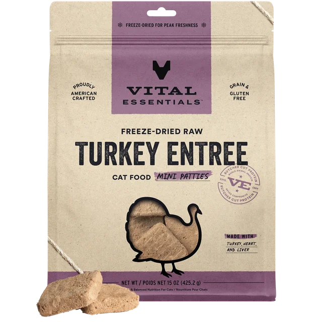 Vital Essentials Freeze-Dried Raw Turkey Entree Cat Food Mini Patties 8 oz