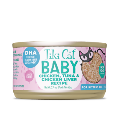 Tiki Cat Baby For Kittens Age 8 Weeks + Chicken, Tuna & Chicken Liver Recipe Wet Cat Food 2.4oz