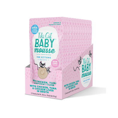 Tiki Cat Baby Mousse with Chicken, Tuna & Chicken Liver in Broth Wet Kitten Food 12 x 2.4oz