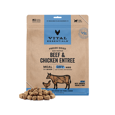 Vital Essentials Freeze-Dried Raw Protein Beef & Chicken Entree Meal or Mixer Soft Nibs Cat Food 12oz
