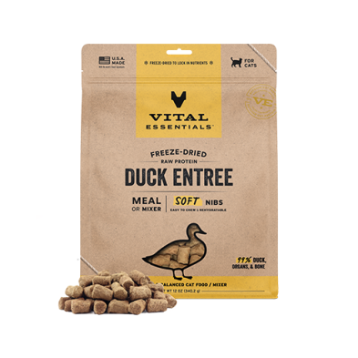 Vital Essentials Freeze-Dried Raw Protein Duck Entree Meal or Mixer Soft Nibs Cat Food 12oz