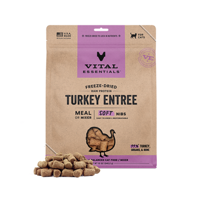 Vital Essentials Freeze-Dried Raw Protein Turkey Entree Meal or Mixer Soft Nibs Cat Food 12oz