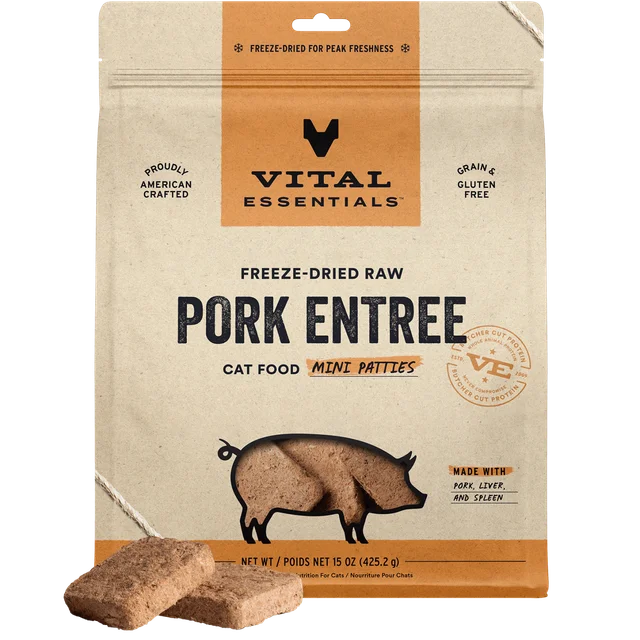 Vital Essentials Freeze-Dried Raw Pork Entree Cat Food Mini Patties 8 oz